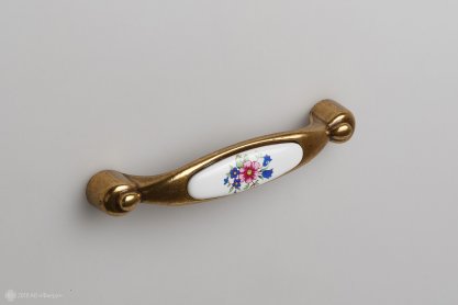 RS112 мебельная ручка-скоба 96 мм старинная латунь с белой керамической вставкой и узором цветы полевые